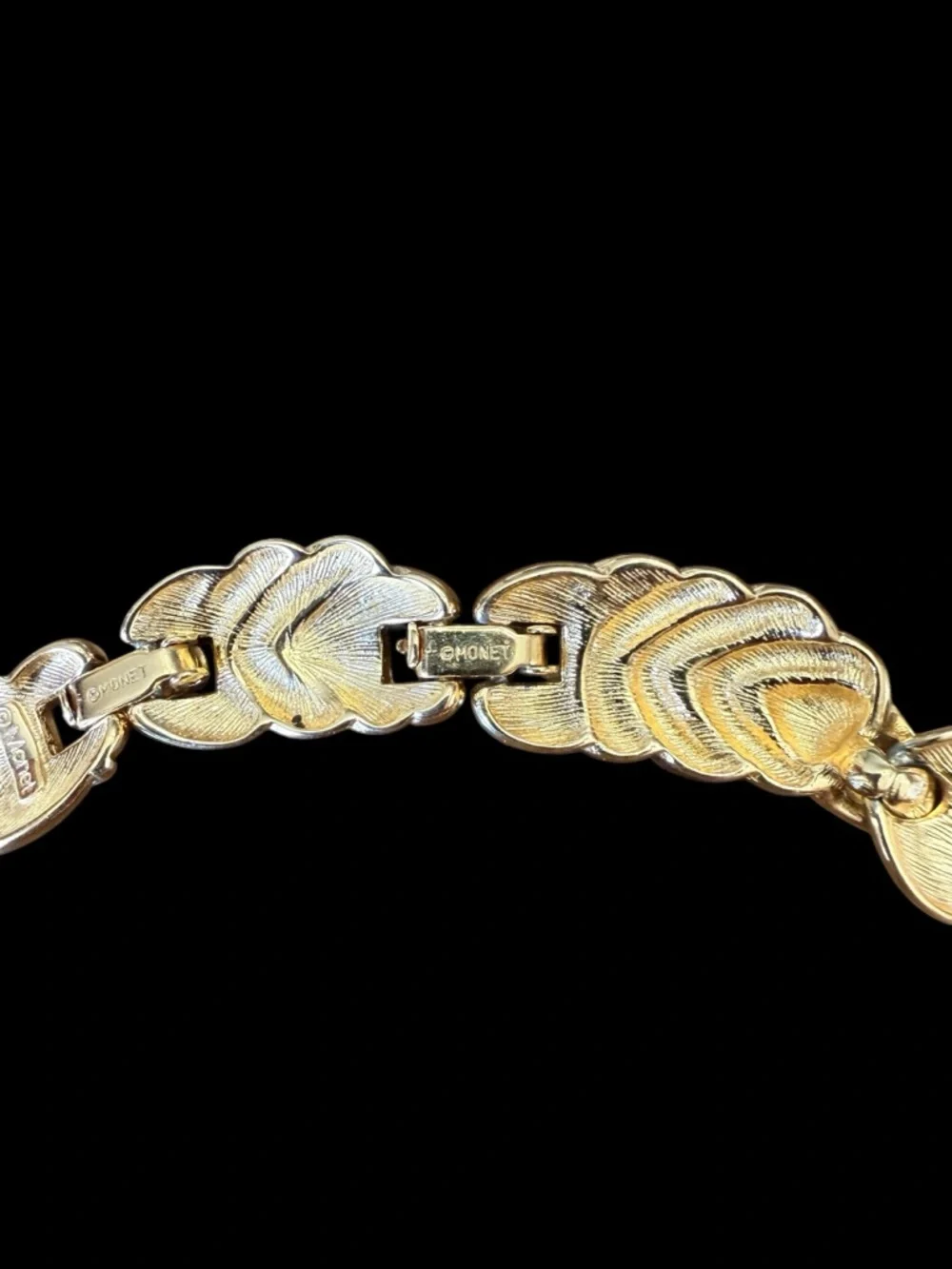 Vintage Monet Gold Tone Rhinestone Leaf Link Collar Necklace Signed 1980s